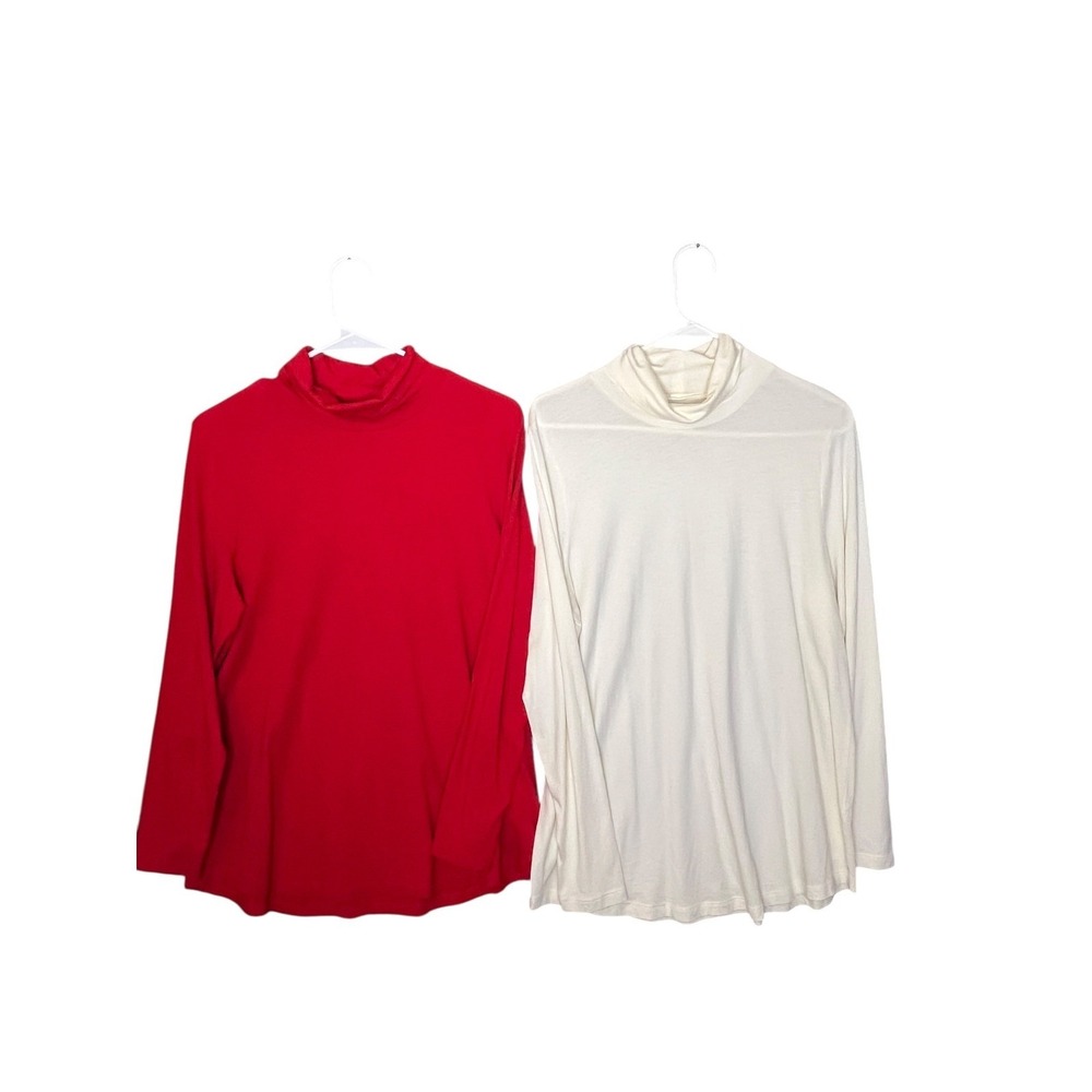 J Jill Womens Relaxed Turtleneck Tops Lot of 2 Red Cream Cotton Modal Size Large